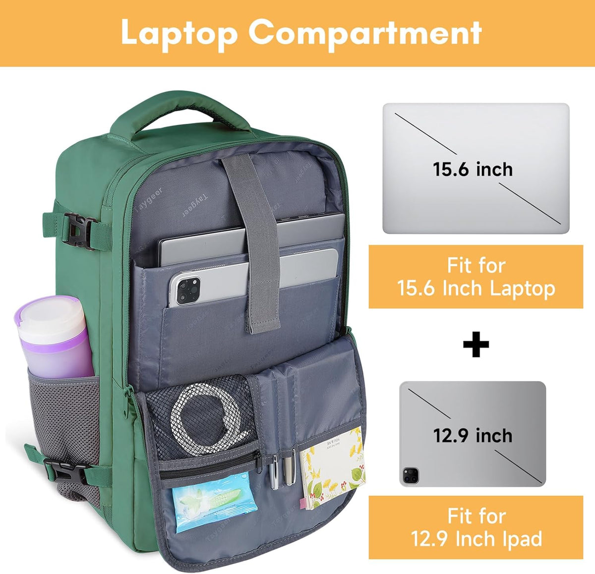 Backpack for Women, Carry on Backpack with Laptop Compartment | Travel Laptop Mochila Carry On Luggage with Shoe Pouch, Airline Approved Personal Item Bag For Weekender Hiking, Black Khaki