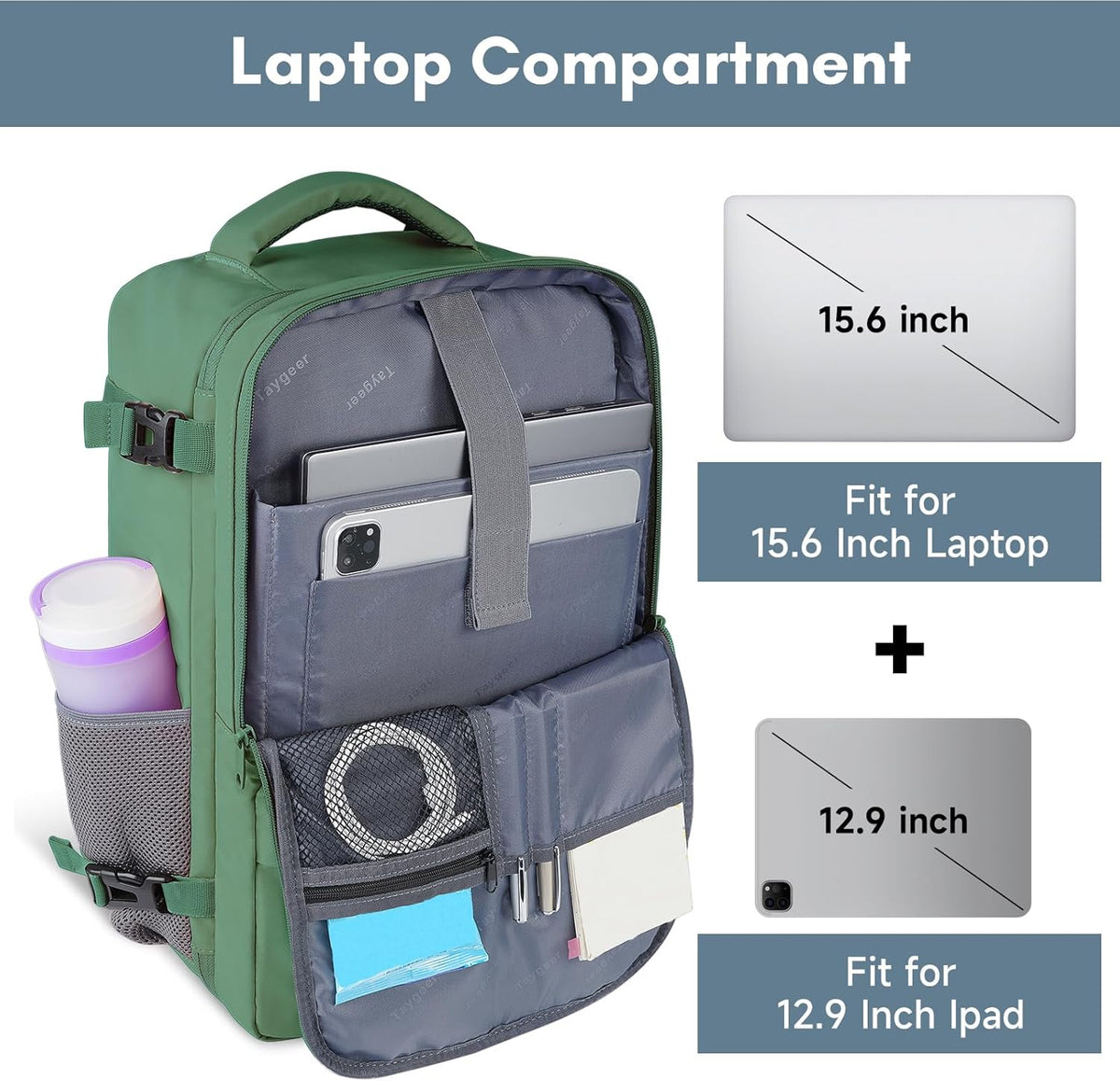 Backpack for Women, Carry on Backpack with Laptop Compartment | Travel Laptop Mochila Carry On Luggage with Shoe Pouch, Airline Approved Personal Item Bag For Weekender Hiking, Black Khaki