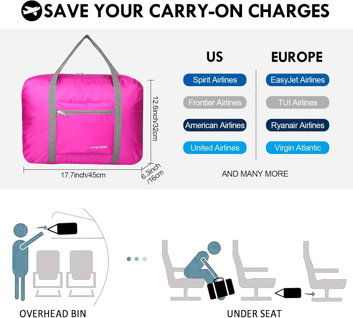 Personal item travel bag 17.7x12.6x6.3 for Spirit Airlines Lightweight carry on duffle bag for Gym,Sports,Vacation(Hot Pink)