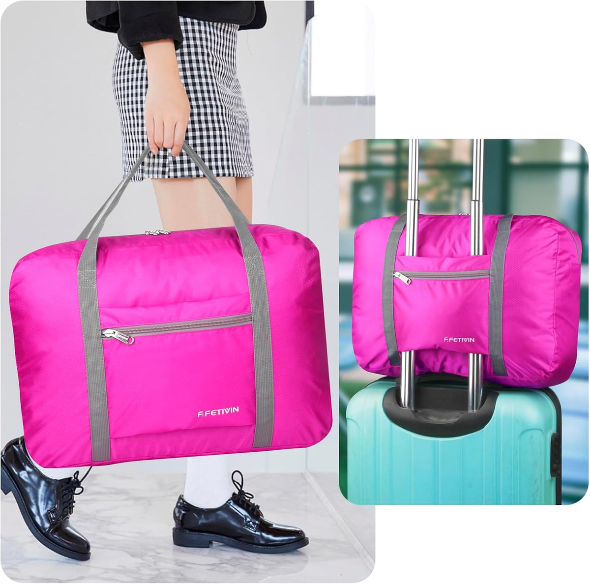 Personal item travel bag 17.7x12.6x6.3 for Spirit Airlines Lightweight carry on duffle bag for Gym,Sports,Vacation(Hot Pink)