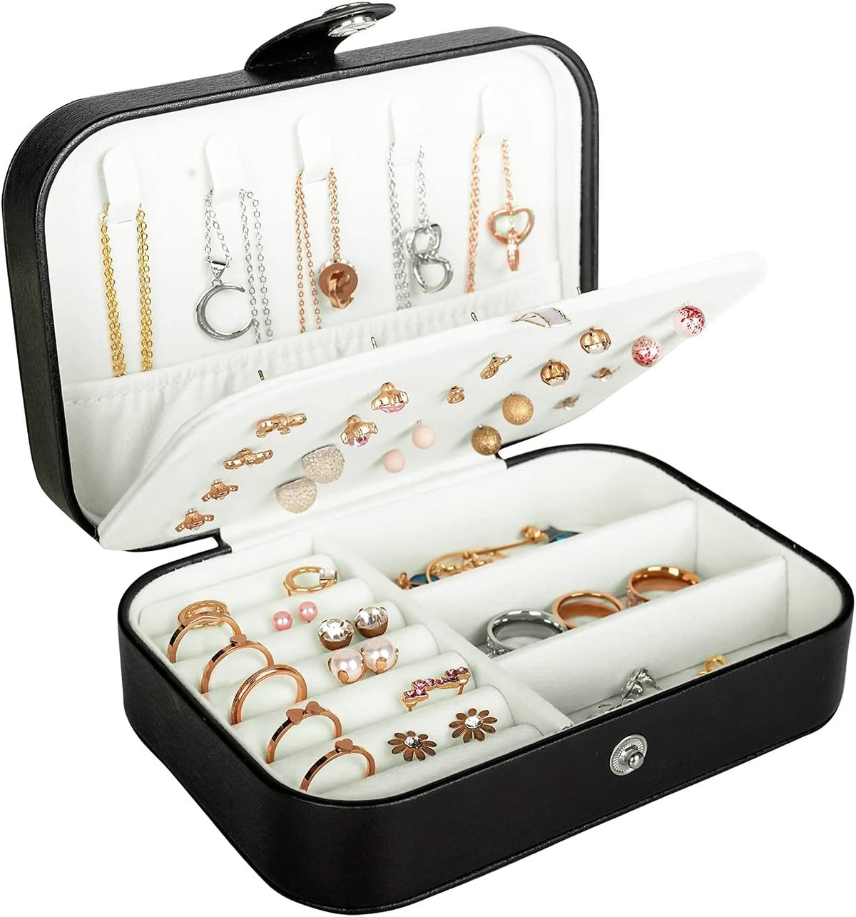 Hatori Travel Jewelry Box, PU Leather Small Jewelry Organizer for Women Girls, Double Layer Portable Mini Travel Case Display Storage Holder Boxes for Stud Earrings, Rings (Black)