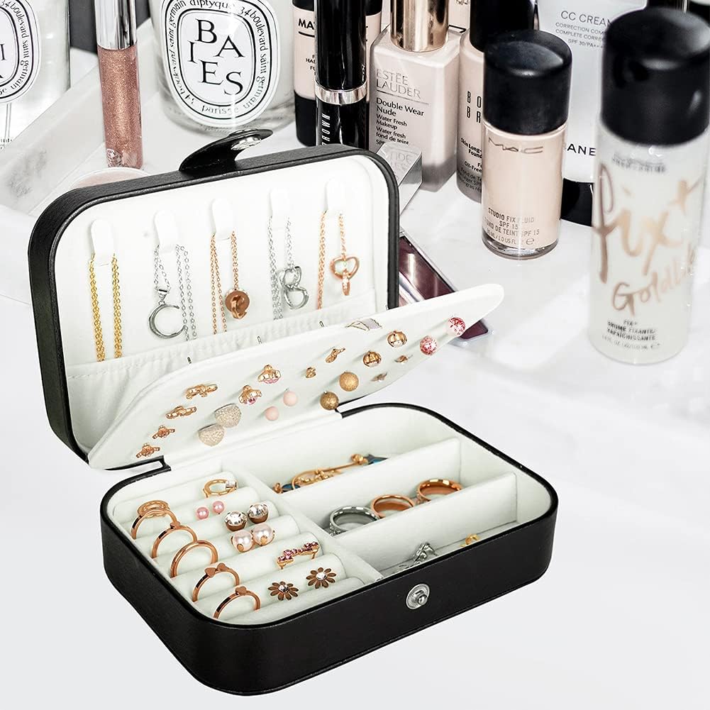 Hatori Travel Jewelry Box, PU Leather Small Jewelry Organizer for Women Girls, Double Layer Portable Mini Travel Case Display Storage Holder Boxes for Stud Earrings, Rings (Black)