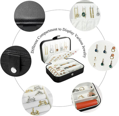 Hatori Travel Jewelry Box, PU Leather Small Jewelry Organizer for Women Girls, Double Layer Portable Mini Travel Case Display Storage Holder Boxes for Stud Earrings, Rings (Black)