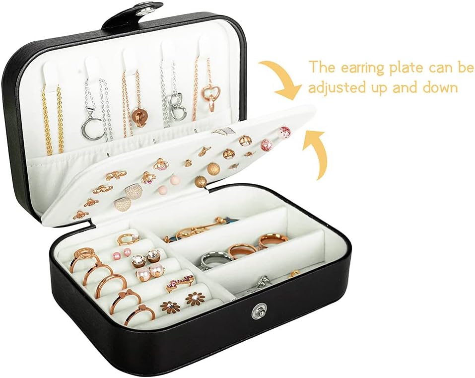 Hatori Travel Jewelry Box, PU Leather Small Jewelry Organizer for Women Girls, Double Layer Portable Mini Travel Case Display Storage Holder Boxes for Stud Earrings, Rings (Black)