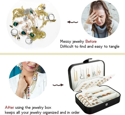 Hatori Travel Jewelry Box, PU Leather Small Jewelry Organizer for Women Girls, Double Layer Portable Mini Travel Case Display Storage Holder Boxes for Stud Earrings, Rings (Black)