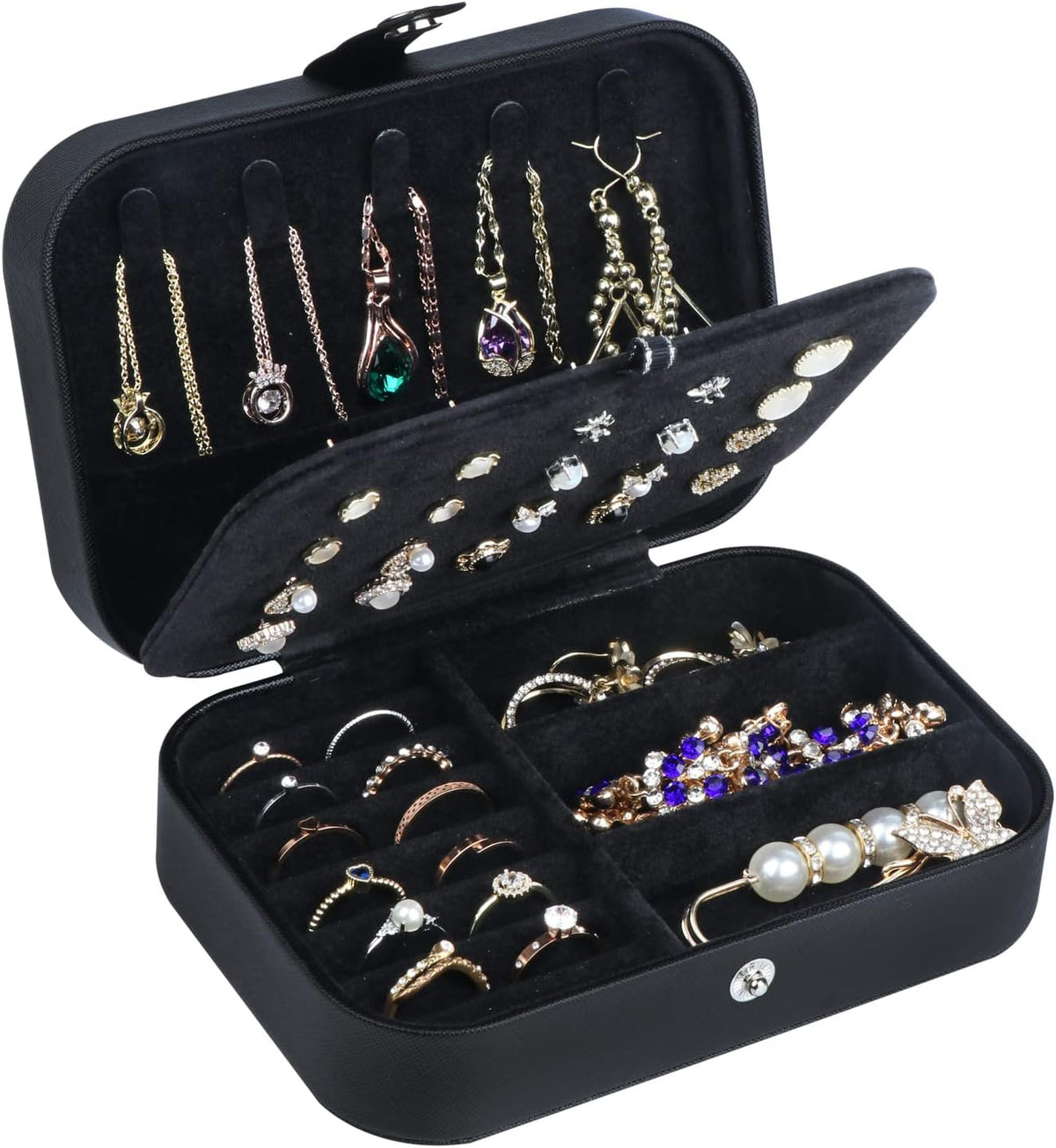 Hatori Travel Jewelry Box, PU Leather Small Jewelry Organizer for Women Girls, Double Layer Portable Mini Travel Case Display Storage Holder Boxes for Stud Earrings, Rings (Black)