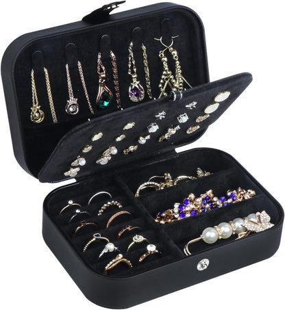 Hatori Travel Jewelry Box, PU Leather Small Jewelry Organizer for Women Girls, Double Layer Portable Mini Travel Case Display Storage Holder Boxes for Stud Earrings, Rings (Black)