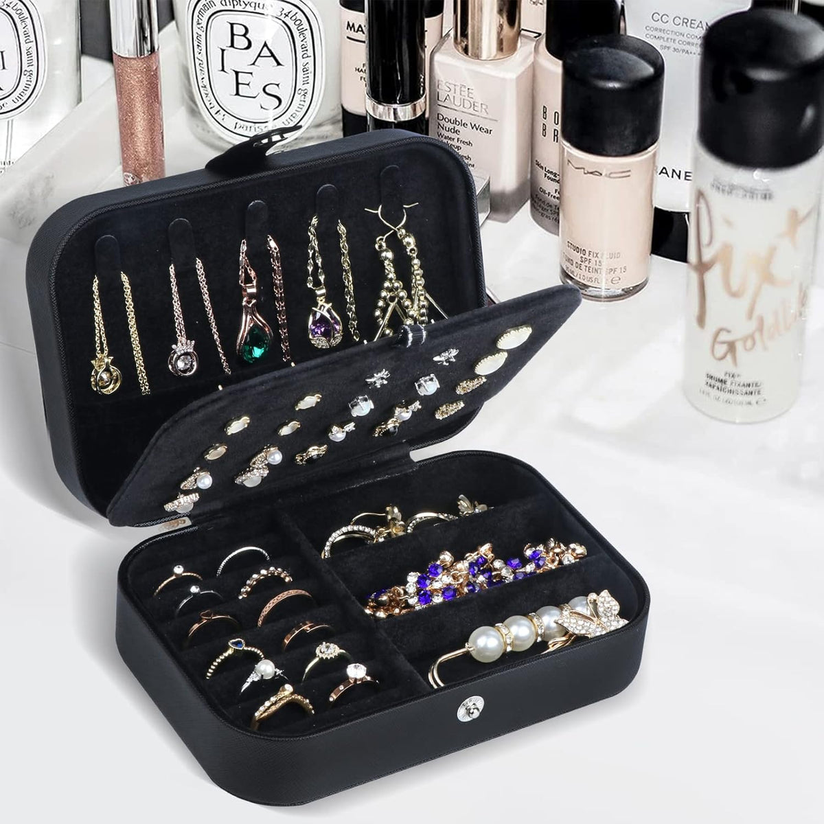 Hatori Travel Jewelry Box, PU Leather Small Jewelry Organizer for Women Girls, Double Layer Portable Mini Travel Case Display Storage Holder Boxes for Stud Earrings, Rings (Black)