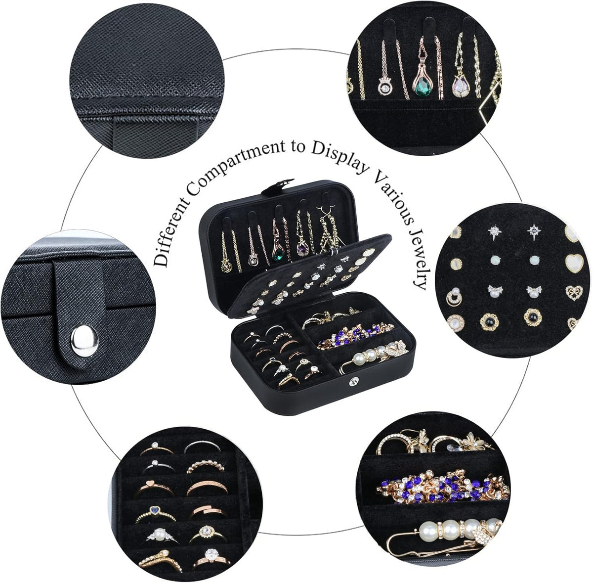 Hatori Travel Jewelry Box, PU Leather Small Jewelry Organizer for Women Girls, Double Layer Portable Mini Travel Case Display Storage Holder Boxes for Stud Earrings, Rings (Black)
