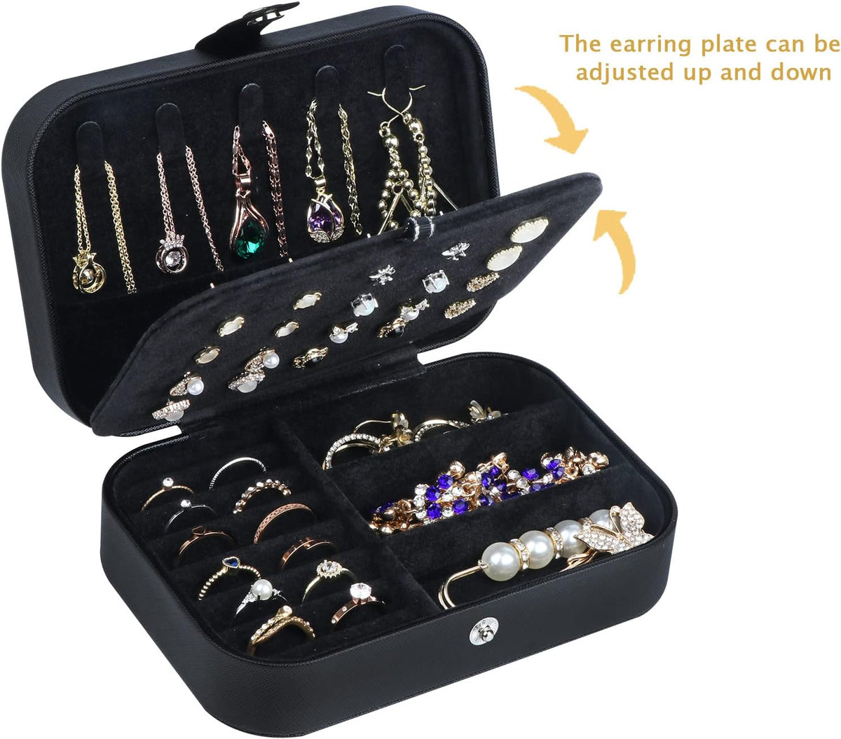 Hatori Travel Jewelry Box, PU Leather Small Jewelry Organizer for Women Girls, Double Layer Portable Mini Travel Case Display Storage Holder Boxes for Stud Earrings, Rings (Black)