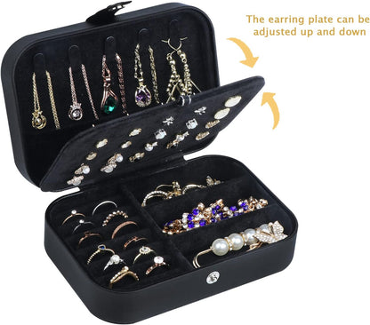 Hatori Travel Jewelry Box, PU Leather Small Jewelry Organizer for Women Girls, Double Layer Portable Mini Travel Case Display Storage Holder Boxes for Stud Earrings, Rings (Black)
