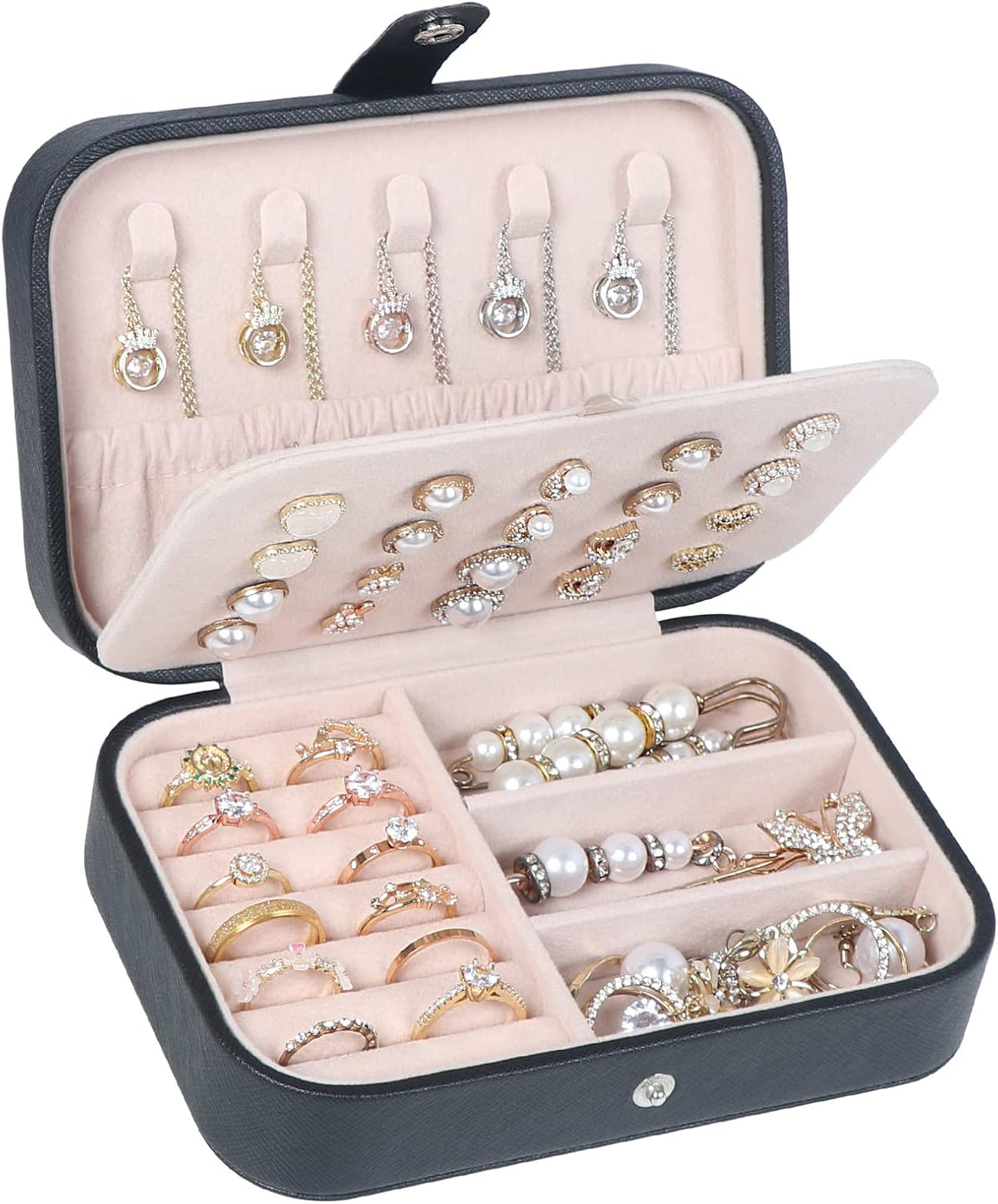 Hatori Travel Jewelry Box, PU Leather Small Jewelry Organizer for Women Girls, Double Layer Portable Mini Travel Case Display Storage Holder Boxes for Stud Earrings, Rings (Black)
