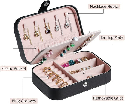 Hatori Travel Jewelry Box, PU Leather Small Jewelry Organizer for Women Girls, Double Layer Portable Mini Travel Case Display Storage Holder Boxes for Stud Earrings, Rings (Black)