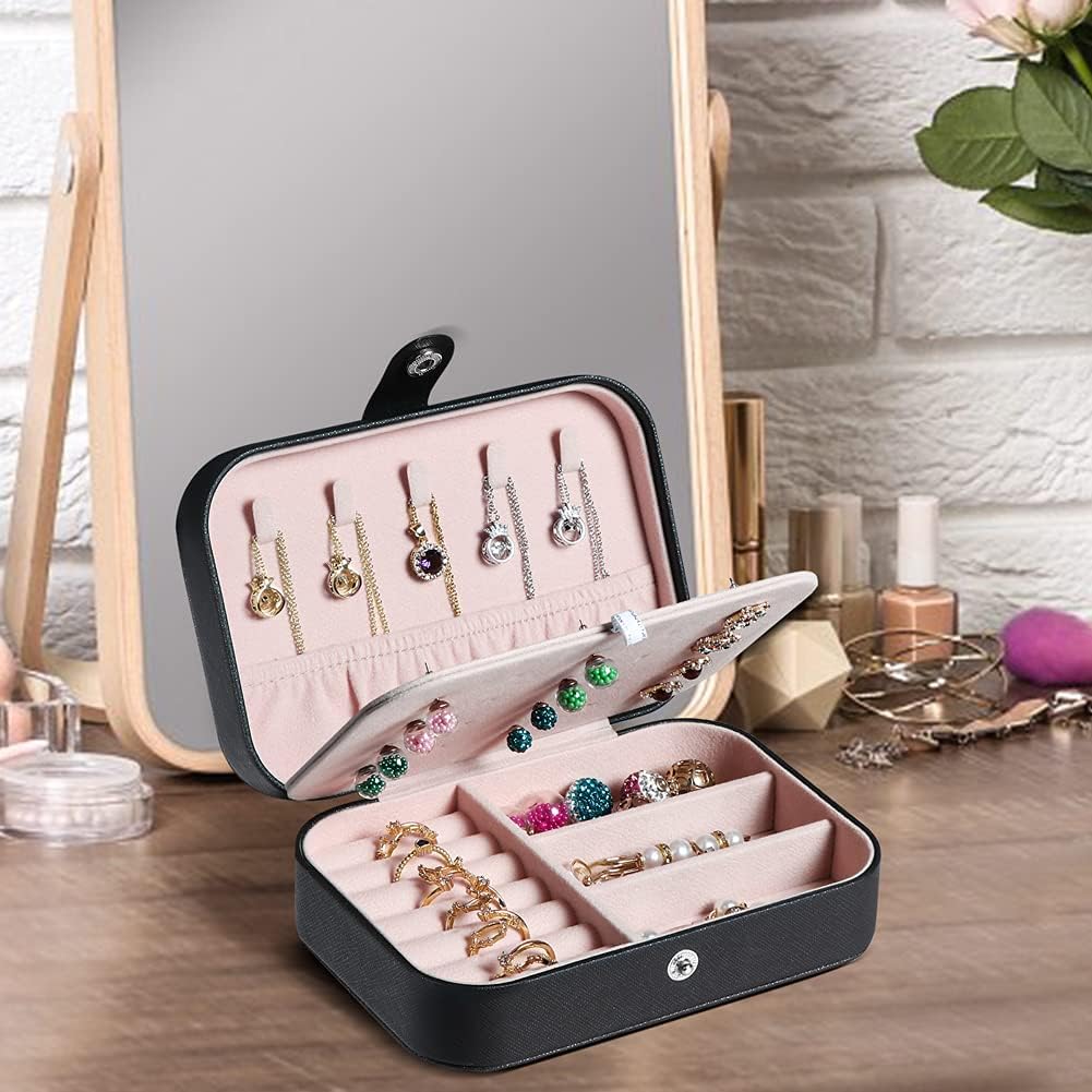 Hatori Travel Jewelry Box, PU Leather Small Jewelry Organizer for Women Girls, Double Layer Portable Mini Travel Case Display Storage Holder Boxes for Stud Earrings, Rings (Black)