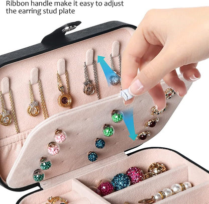 Hatori Travel Jewelry Box, PU Leather Small Jewelry Organizer for Women Girls, Double Layer Portable Mini Travel Case Display Storage Holder Boxes for Stud Earrings, Rings (Black)