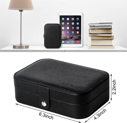 Hatori Travel Jewelry Box, PU Leather Small Jewelry Organizer for Women Girls, Double Layer Portable Mini Travel Case Display Storage Holder Boxes for Stud Earrings, Rings (Black)