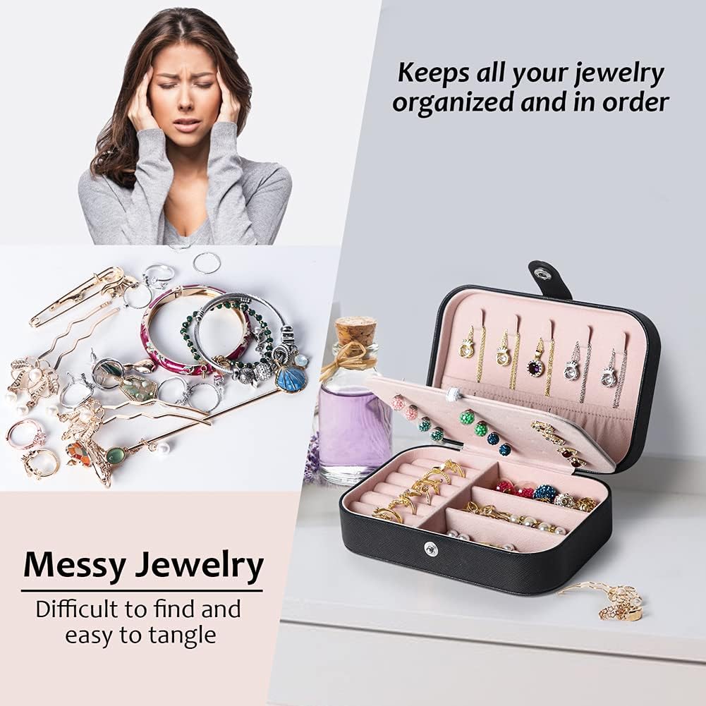 Hatori Travel Jewelry Box, PU Leather Small Jewelry Organizer for Women Girls, Double Layer Portable Mini Travel Case Display Storage Holder Boxes for Stud Earrings, Rings (Black)
