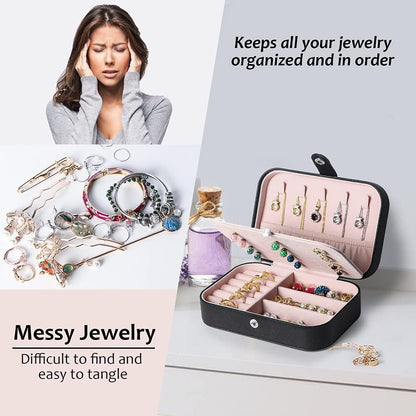 Hatori Travel Jewelry Box, PU Leather Small Jewelry Organizer for Women Girls, Double Layer Portable Mini Travel Case Display Storage Holder Boxes for Stud Earrings, Rings (Black)