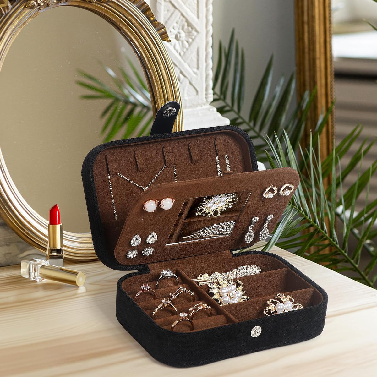 Hatori Travel Jewelry Box, PU Leather Small Jewelry Organizer for Women Girls, Double Layer Portable Mini Travel Case Display Storage Holder Boxes for Stud Earrings, Rings (Black)
