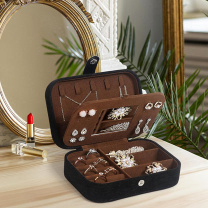 Hatori Travel Jewelry Box, PU Leather Small Jewelry Organizer for Women Girls, Double Layer Portable Mini Travel Case Display Storage Holder Boxes for Stud Earrings, Rings (Black)