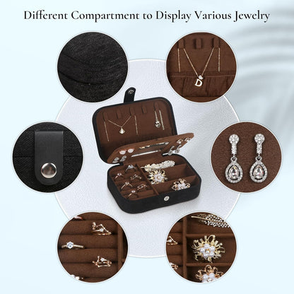 Hatori Travel Jewelry Box, PU Leather Small Jewelry Organizer for Women Girls, Double Layer Portable Mini Travel Case Display Storage Holder Boxes for Stud Earrings, Rings (Black)