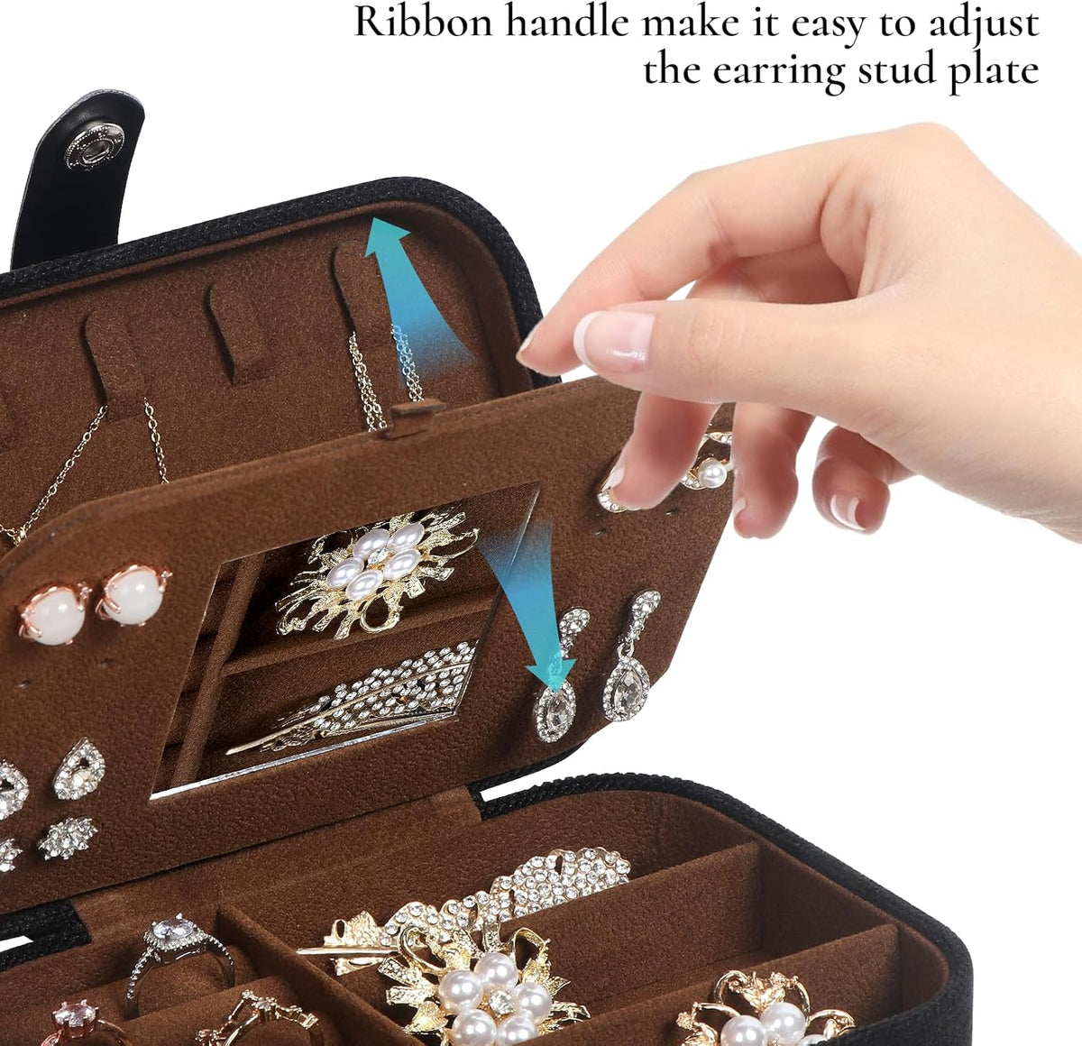 Hatori Travel Jewelry Box, PU Leather Small Jewelry Organizer for Women Girls, Double Layer Portable Mini Travel Case Display Storage Holder Boxes for Stud Earrings, Rings (Black)