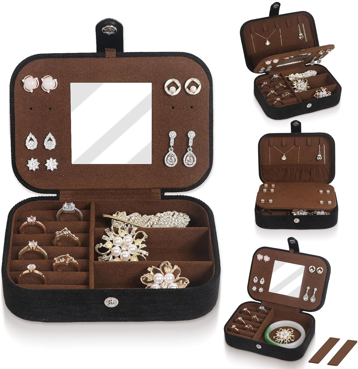 Hatori Travel Jewelry Box, PU Leather Small Jewelry Organizer for Women Girls, Double Layer Portable Mini Travel Case Display Storage Holder Boxes for Stud Earrings, Rings (Black)