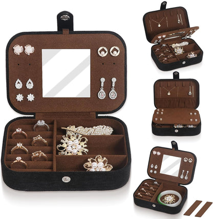 Hatori Travel Jewelry Box, PU Leather Small Jewelry Organizer for Women Girls, Double Layer Portable Mini Travel Case Display Storage Holder Boxes for Stud Earrings, Rings (Black)