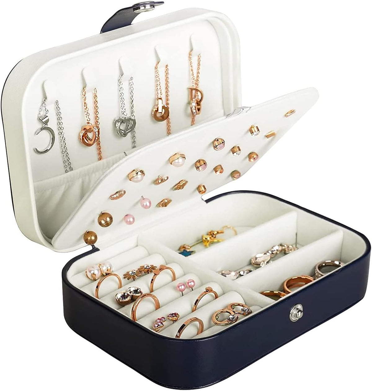 Hatori Travel Jewelry Box, PU Leather Small Jewelry Organizer for Women Girls, Double Layer Portable Mini Travel Case Display Storage Holder Boxes for Stud Earrings, Rings (Black)