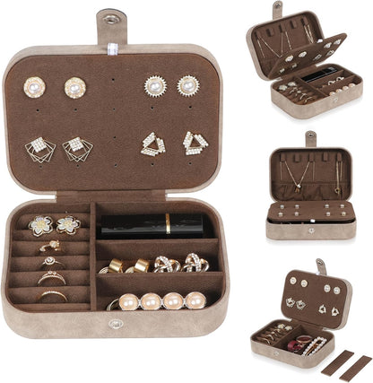 Hatori Travel Jewelry Box, PU Leather Small Jewelry Organizer for Women Girls, Double Layer Portable Mini Travel Case Display Storage Holder Boxes for Stud Earrings, Rings (Black)