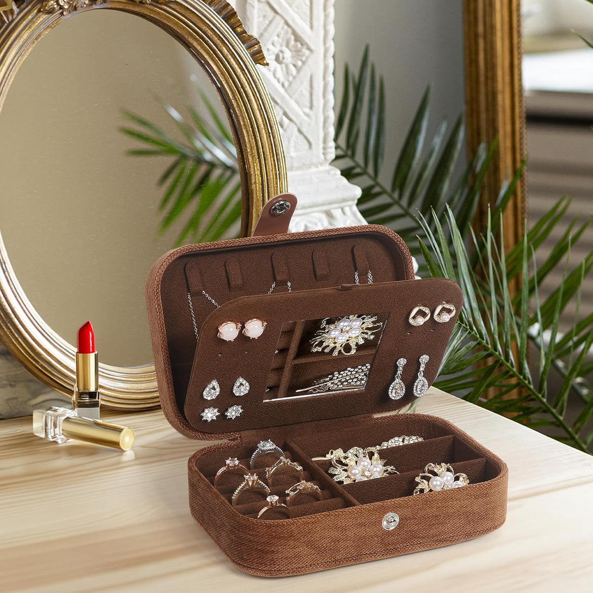 Hatori Travel Jewelry Box, PU Leather Small Jewelry Organizer for Women Girls, Double Layer Portable Mini Travel Case Display Storage Holder Boxes for Stud Earrings, Rings (Black)