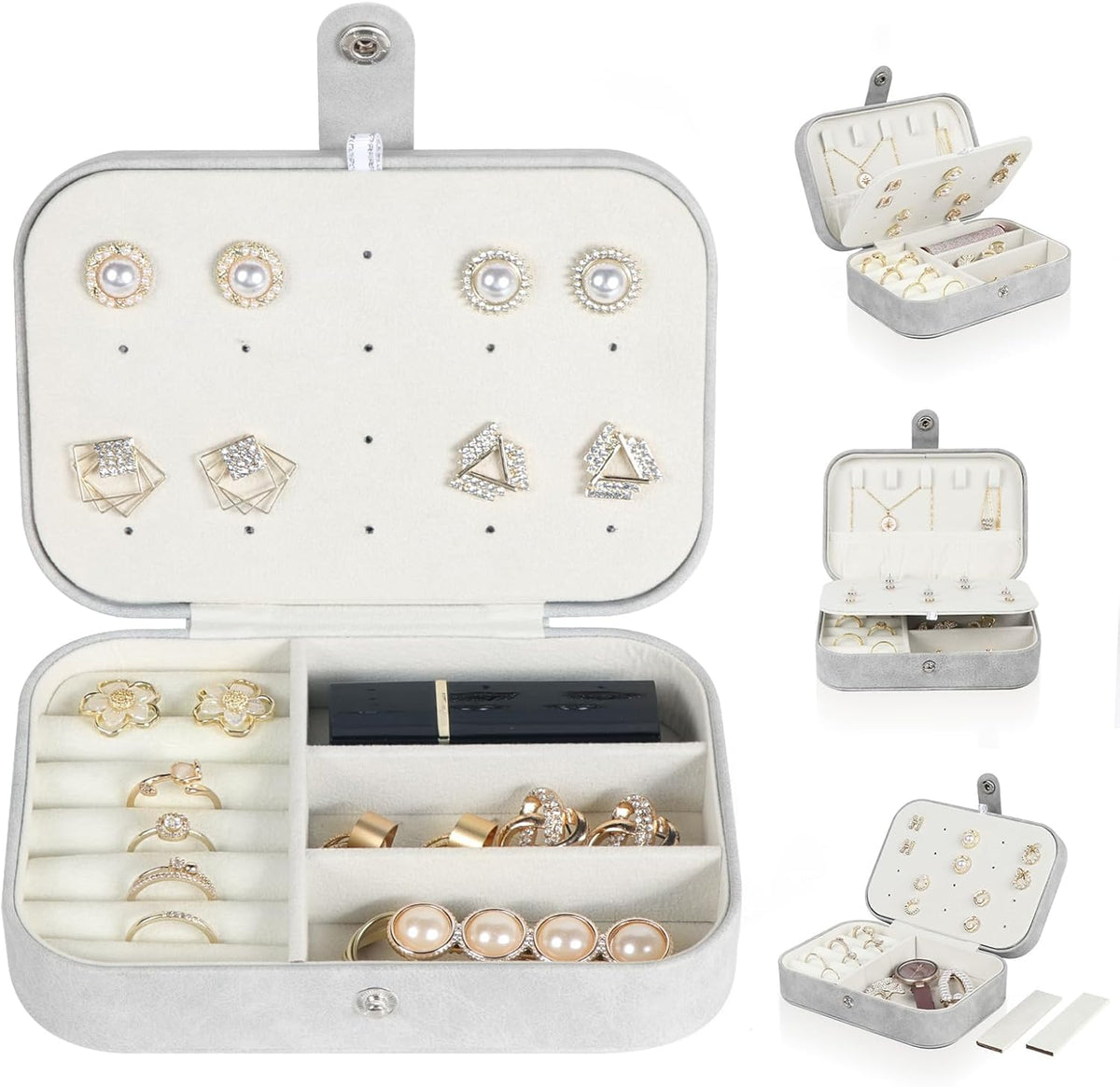 Hatori Travel Jewelry Box, PU Leather Small Jewelry Organizer for Women Girls, Double Layer Portable Mini Travel Case Display Storage Holder Boxes for Stud Earrings, Rings (Black)