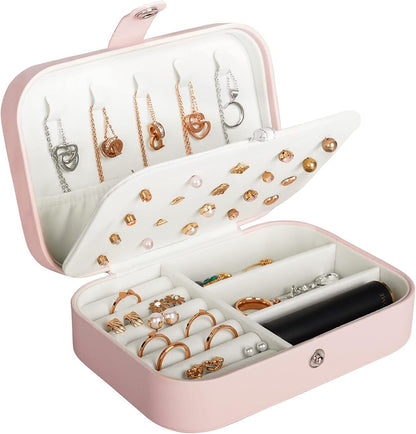 Hatori Travel Jewelry Box, PU Leather Small Jewelry Organizer for Women Girls, Double Layer Portable Mini Travel Case Display Storage Holder Boxes for Stud Earrings, Rings (Black)