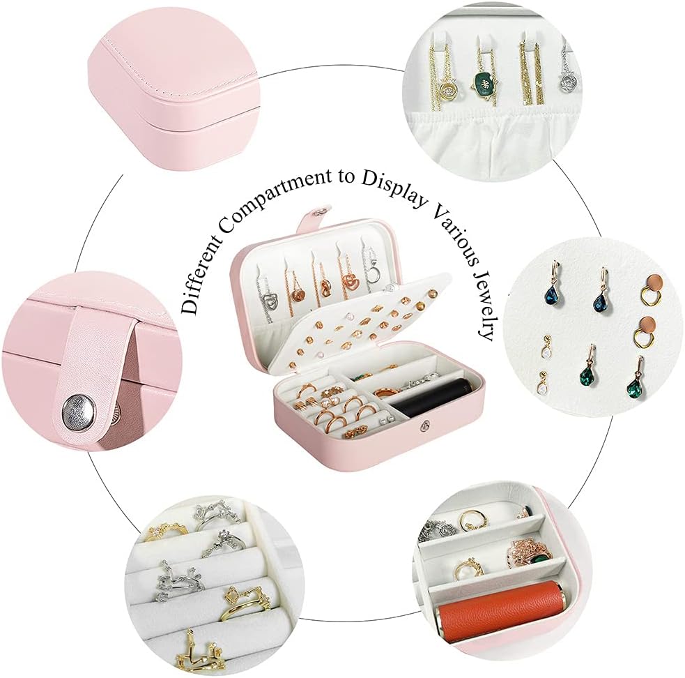 Hatori Travel Jewelry Box, PU Leather Small Jewelry Organizer for Women Girls, Double Layer Portable Mini Travel Case Display Storage Holder Boxes for Stud Earrings, Rings (Black)