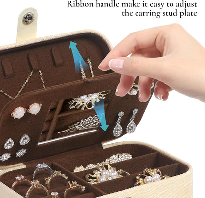 Hatori Travel Jewelry Box, PU Leather Small Jewelry Organizer for Women Girls, Double Layer Portable Mini Travel Case Display Storage Holder Boxes for Stud Earrings, Rings (Black)