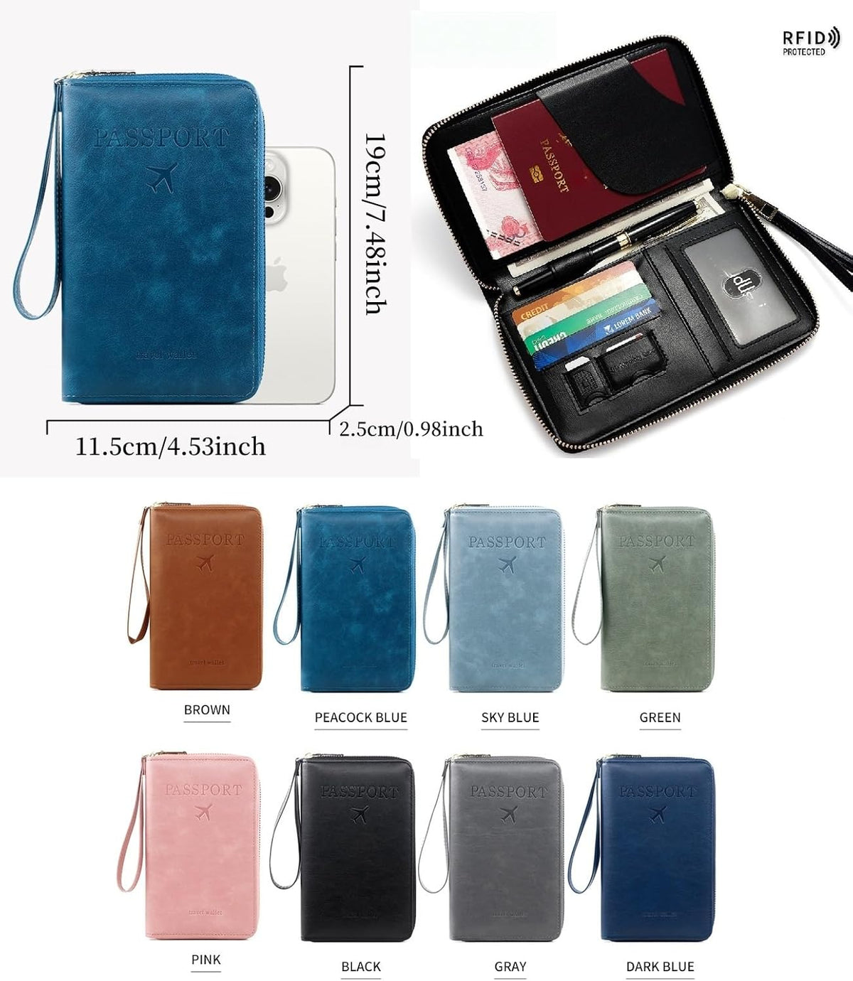 S-11 RFID Blocking Passport Holder Travel Wallet, Slim Zipper Card Case with ID Window, Boarding Pass Slot & Credit Card Organizer for Men and Women. (Brown)