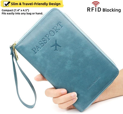 S-11 RFID Blocking Passport Holder Travel Wallet, Slim Zipper Card Case with ID Window, Boarding Pass Slot & Credit Card Organizer for Men and Women. (Brown)