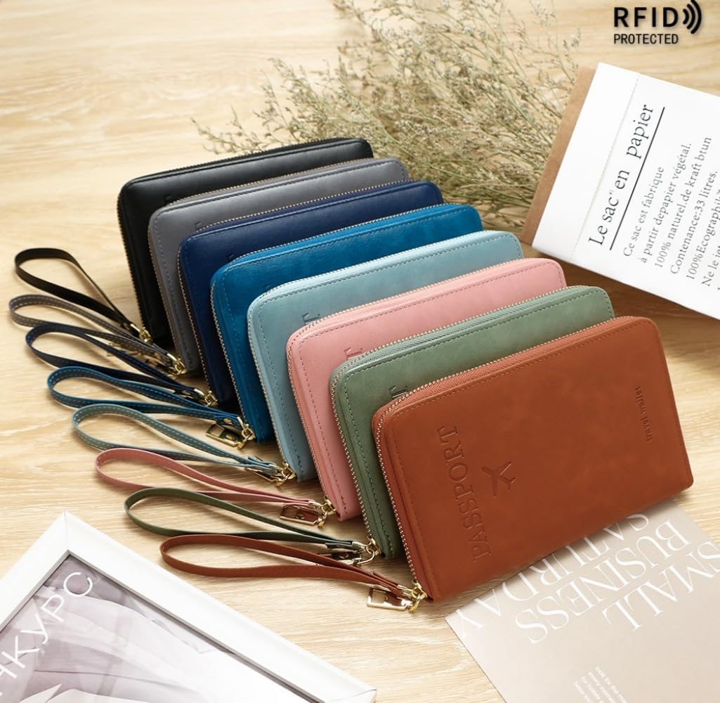 S-11 RFID Blocking Passport Holder Travel Wallet, Slim Zipper Card Case with ID Window, Boarding Pass Slot & Credit Card Organizer for Men and Women. (Brown)