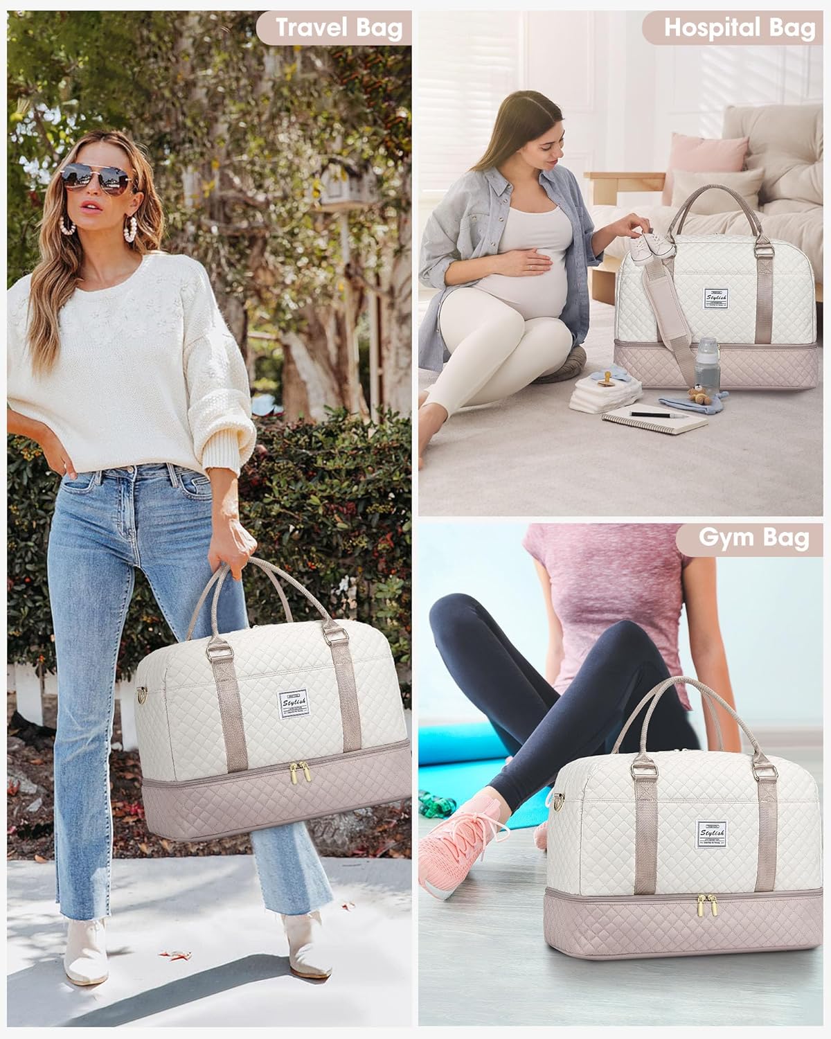 Women Weekender Travel Duffle Bag: Large Overnight Bags with Shoe Compartment Carry on Bags with Toiletry Bag Weekend Yoga Gym Bag with Wet Pocket Travel Duffel Tote Bag Hospital Bag Black