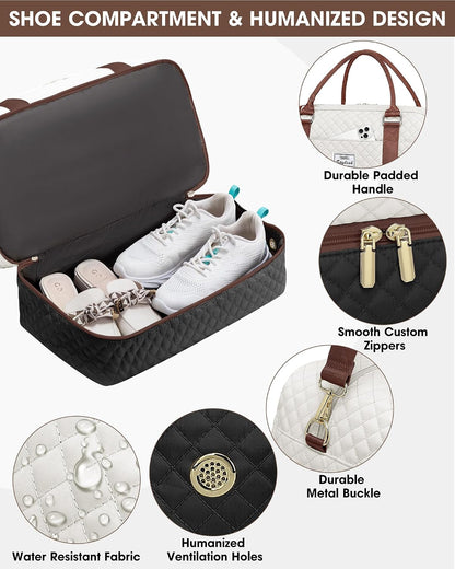 Women Weekender Travel Duffle Bag: Large Overnight Bags with Shoe Compartment Carry on Bags with Toiletry Bag Weekend Yoga Gym Bag with Wet Pocket Travel Duffel Tote Bag Hospital Bag Black
