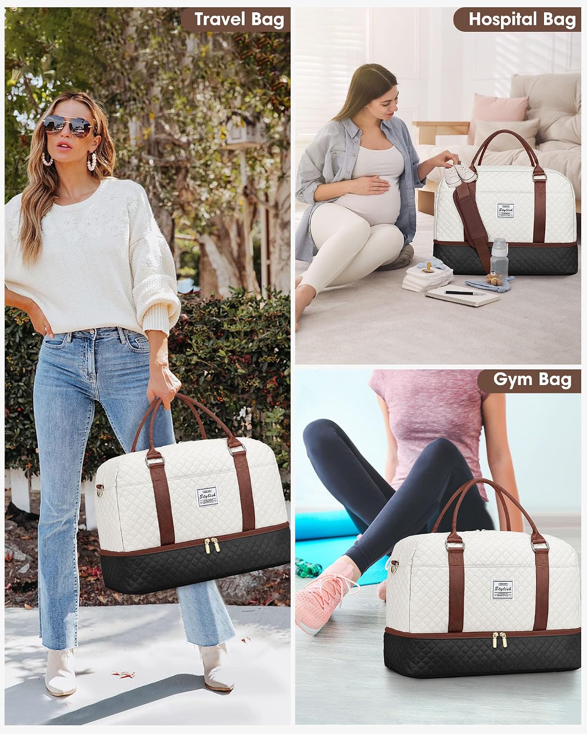 Women Weekender Travel Duffle Bag: Large Overnight Bags with Shoe Compartment Carry on Bags with Toiletry Bag Weekend Yoga Gym Bag with Wet Pocket Travel Duffel Tote Bag Hospital Bag Black
