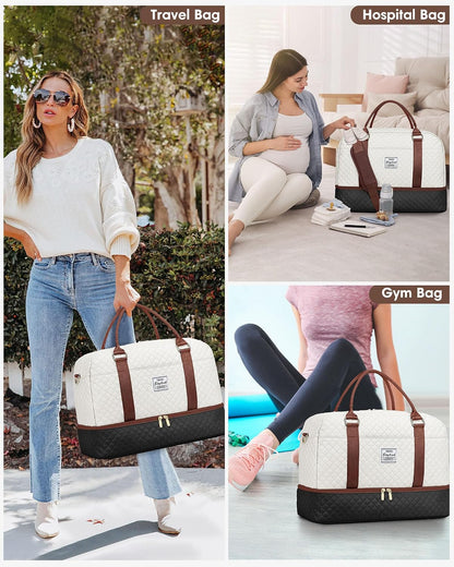 Women Weekender Travel Duffle Bag: Large Overnight Bags with Shoe Compartment Carry on Bags with Toiletry Bag Weekend Yoga Gym Bag with Wet Pocket Travel Duffel Tote Bag Hospital Bag Black