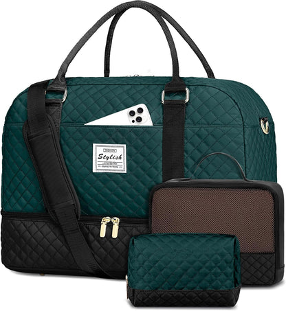 Women Weekender Travel Duffle Bag: Large Overnight Bags with Shoe Compartment Carry on Bags with Toiletry Bag Weekend Yoga Gym Bag with Wet Pocket Travel Duffel Tote Bag Hospital Bag Black