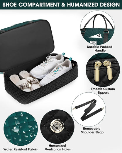 Women Weekender Travel Duffle Bag: Large Overnight Bags with Shoe Compartment Carry on Bags with Toiletry Bag Weekend Yoga Gym Bag with Wet Pocket Travel Duffel Tote Bag Hospital Bag Black