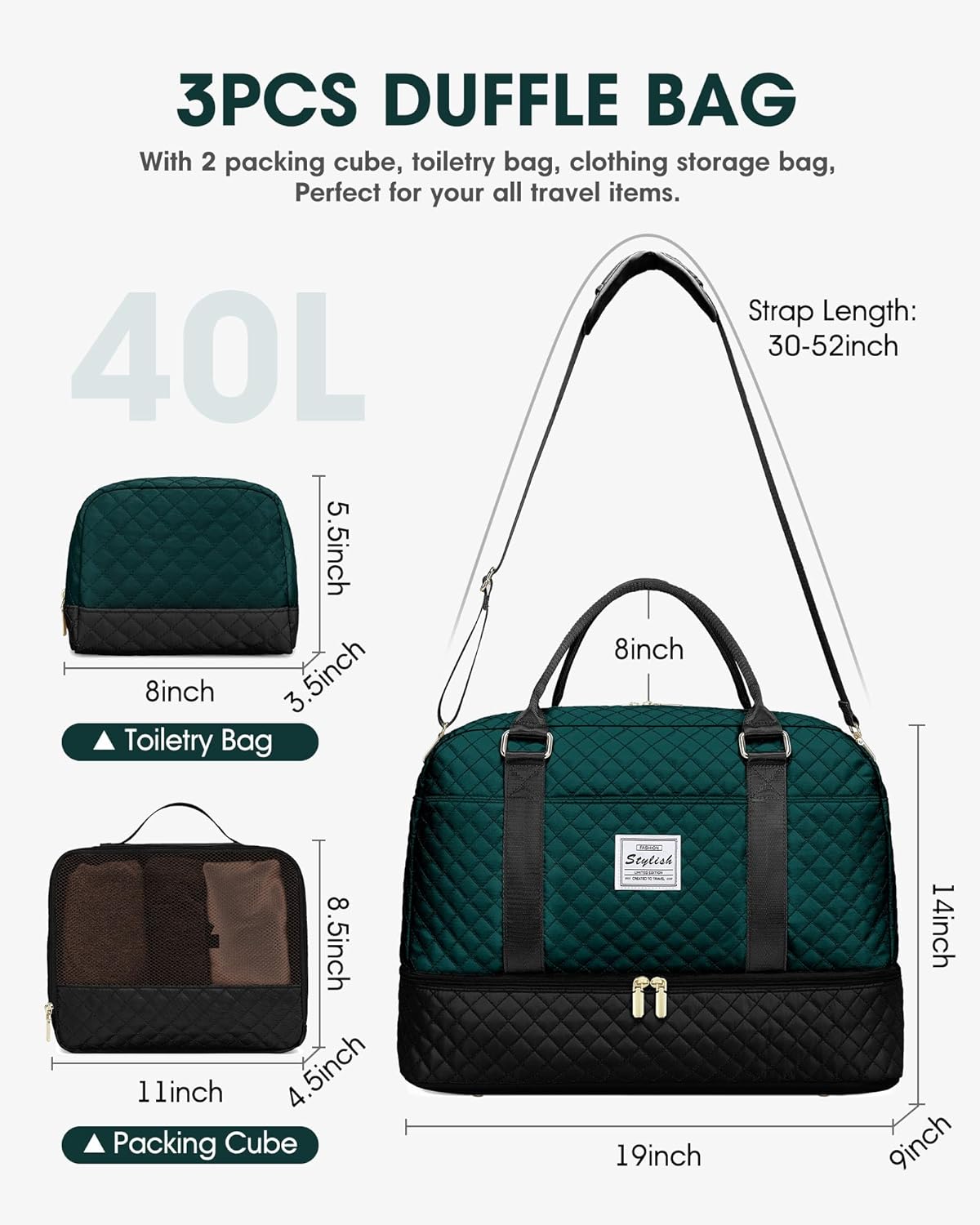 Women Weekender Travel Duffle Bag: Large Overnight Bags with Shoe Compartment Carry on Bags with Toiletry Bag Weekend Yoga Gym Bag with Wet Pocket Travel Duffel Tote Bag Hospital Bag Black