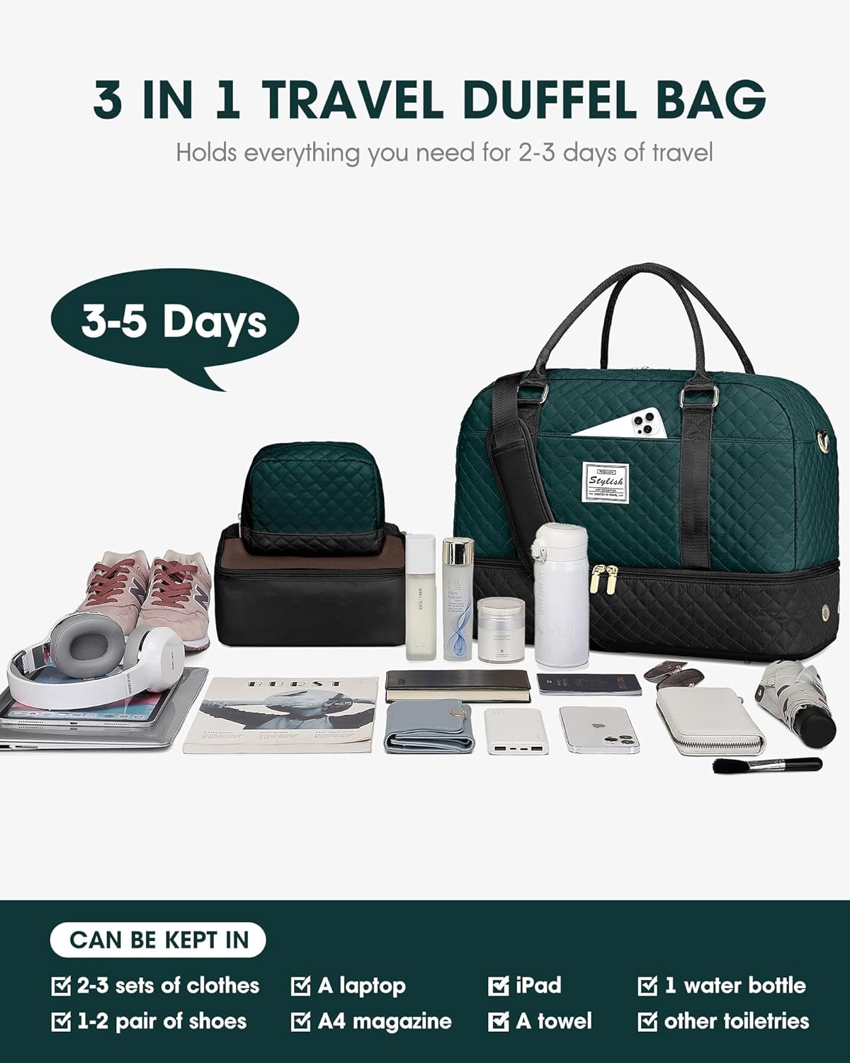 Women Weekender Travel Duffle Bag: Large Overnight Bags with Shoe Compartment Carry on Bags with Toiletry Bag Weekend Yoga Gym Bag with Wet Pocket Travel Duffel Tote Bag Hospital Bag Black
