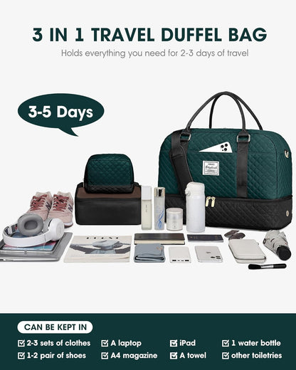 Women Weekender Travel Duffle Bag: Large Overnight Bags with Shoe Compartment Carry on Bags with Toiletry Bag Weekend Yoga Gym Bag with Wet Pocket Travel Duffel Tote Bag Hospital Bag Black