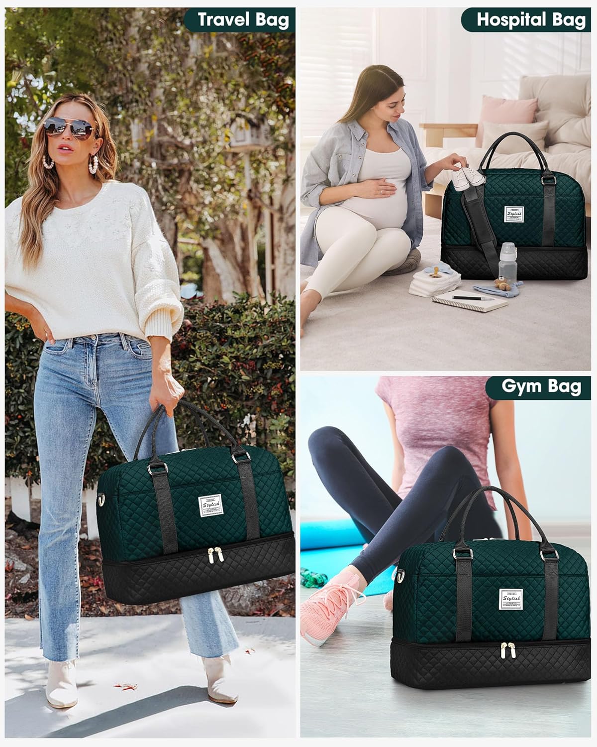 Women Weekender Travel Duffle Bag: Large Overnight Bags with Shoe Compartment Carry on Bags with Toiletry Bag Weekend Yoga Gym Bag with Wet Pocket Travel Duffel Tote Bag Hospital Bag Black