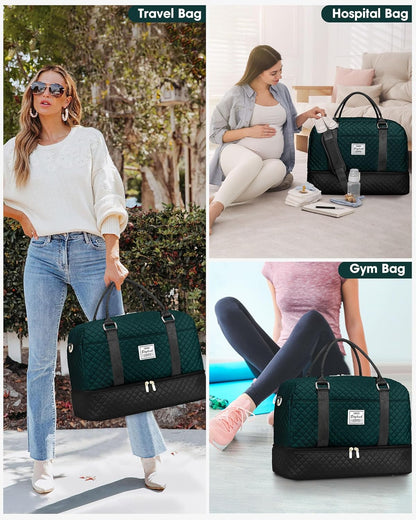 Women Weekender Travel Duffle Bag: Large Overnight Bags with Shoe Compartment Carry on Bags with Toiletry Bag Weekend Yoga Gym Bag with Wet Pocket Travel Duffel Tote Bag Hospital Bag Black