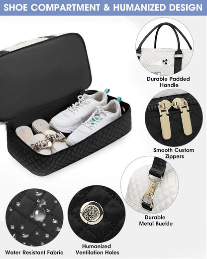 Women Weekender Travel Duffle Bag: Large Overnight Bags with Shoe Compartment Carry on Bags with Toiletry Bag Weekend Yoga Gym Bag with Wet Pocket Travel Duffel Tote Bag Hospital Bag Black